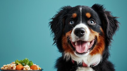 Dog sitting next to a plate of food on a wooden table in a bright indoor setting