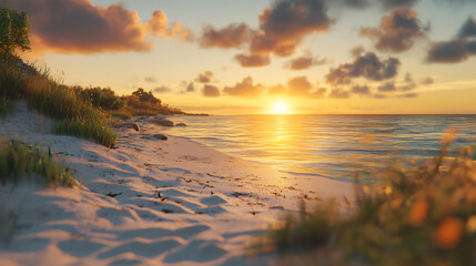 Golden Sands at Sunset: Tranquil Beach and Ocean Waves at Twilight