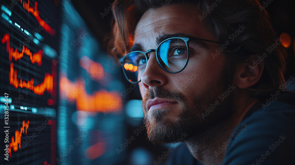 Poster glasses-wearing investor analyzing wall of stock data with expressions of concern in a high-tech off