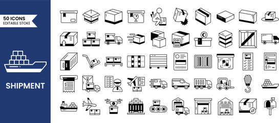 Cargo shipping icons set in line style. Delivery boxes, cargo box, ship steering wheel, cargo ship, truck, pallet box and more. Vector illustration