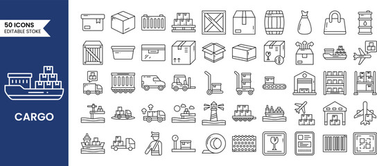 Cargo shipping icons set in line style. Delivery boxes, cargo box, ship steering wheel, cargo ship, truck, pallet box and more. Vector illustration