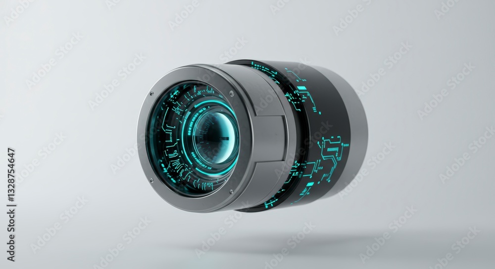 Poster futuristic device with circuitry and lens floating on a light background