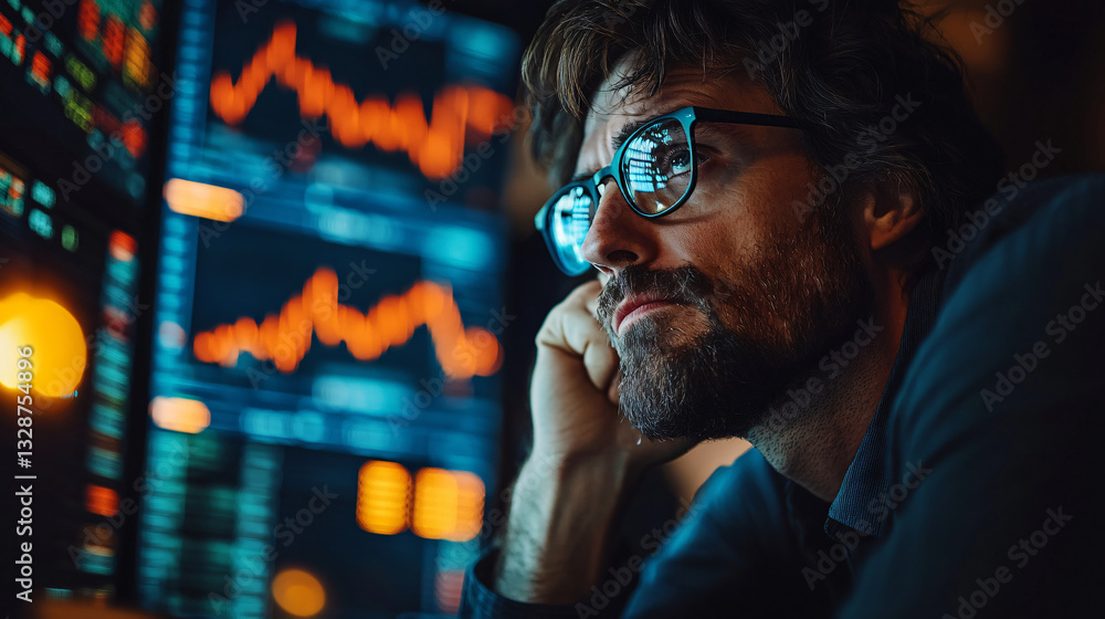 Poster dejected investor staring at computer screen watching stock values collapse in a moment of financial
