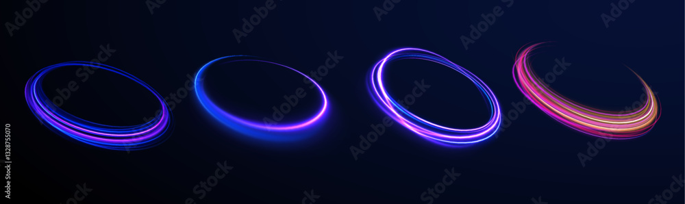 Poster ethereal light portals: a mesmerizing array of vibrant neon ovals and swirling energy loops that res