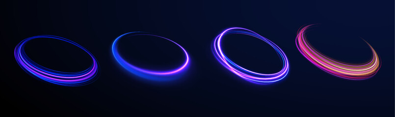 Ethereal Light Portals: A Mesmerizing Array of Vibrant Neon Ovals and Swirling Energy Loops That Resemble Mysterious Interdimensional Gateways Suspended in the Darkness of Space.