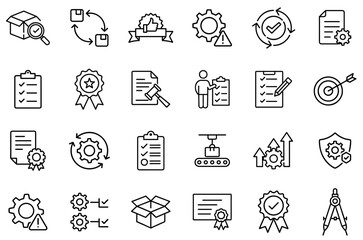 Quality Assurance and Certification Line Icons Set – Compliance, Inspection, Standards, Manufacturing, Process Control, Quality Management, Warranty, Audit, Testing, Product Verification, Regulation