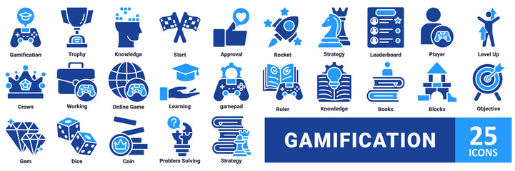 Gamification icon set. with icon gamification, trophy, knowledge, start, approval, rocket, strategy, leaderboard, player, level up, crown, working, online game, learning, gamepad, ruler, knowledge 