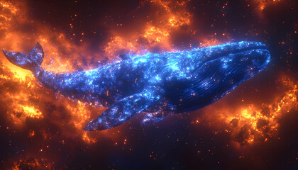 Obraz premium A vibrant blue whale, seemingly composed of energy or particles, swims amidst a fiery, orange and red nebula