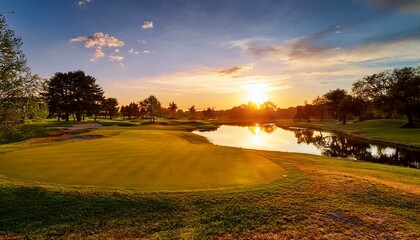 Scenic golf course at sunset with warm golden light reflecting on the water, creating a tranquil and elegant atmosphere for nature and sports lovers.