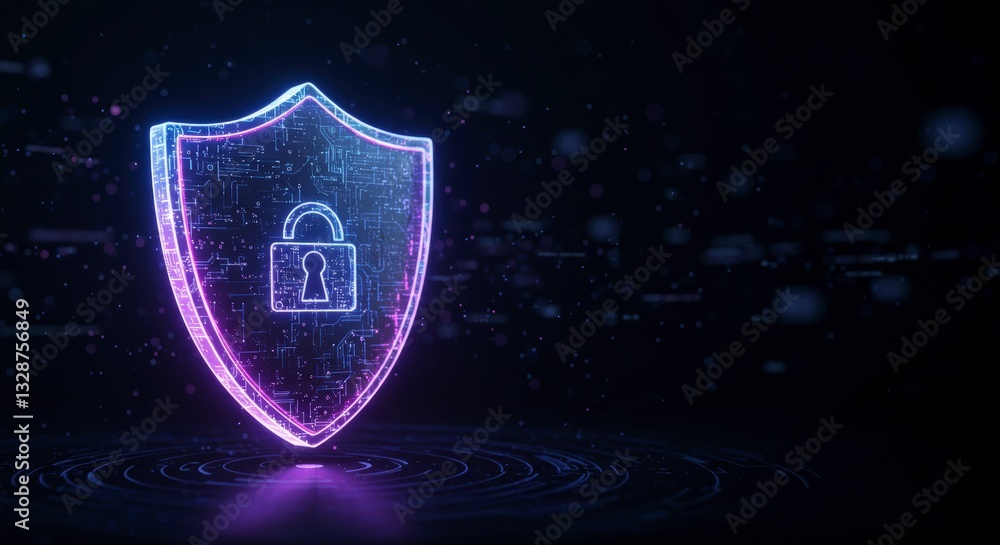 Poster glowing shield with padlock protecting cyber data in digital space
