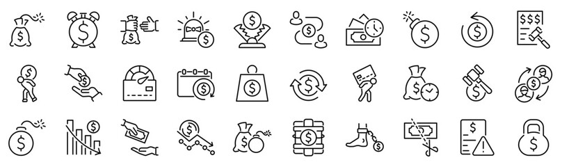 Set of 30 outline icons related to debt. Linear icon collection. Editable stroke. Vector illustration