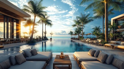 Fototapeta premium Of a Poolside lounge at a luxury beach resort, with stylish furniture, cocktails, and a relaxed tropical ambiance