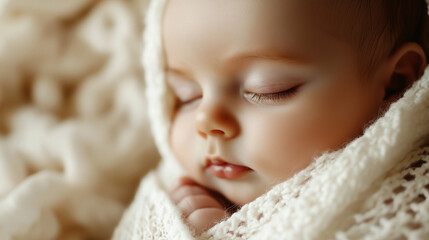Newborn baby in soft white blanket, close-up of peaceful face, warm and tender atmosphere.