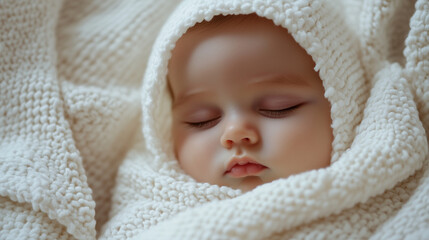 Newborn baby in soft white blanket, close-up of peaceful face, warm and tender atmosphere.