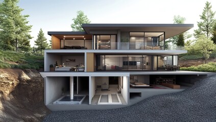 3D rendering of modern house with basement and underground water system, cutaway view revealing underground space, for architectural design and photorealistic visualization.