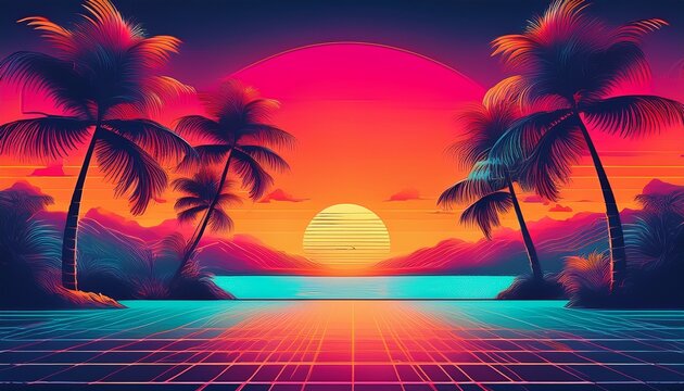 Retro 80s-style summer sunset with palm tree silhouettes, neon colors, and a nostalgic vaporwave aesthetic&mdash;perfect for vintage vacation vibes and synthwave visuals.