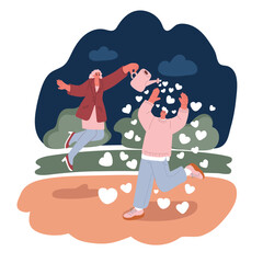 Cartoon vector illustration of a woman pouring affection from a watering can, showering a man with love and care against dark background