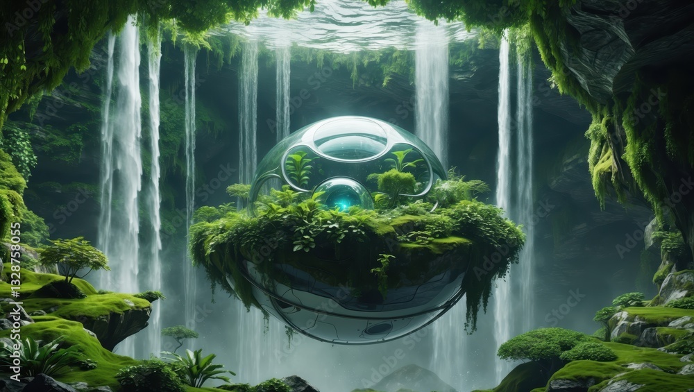 Poster futuristic floating sphere surrounded by lush greenery and cascading waterfalls in a mystical cave e