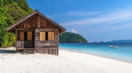 Obraz premium Of a Remote island escape with a wooden beach bungalow and a pristine white sand beach