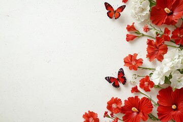 Floral Arrangement with Red Hibiscus and Butterflies on White Background