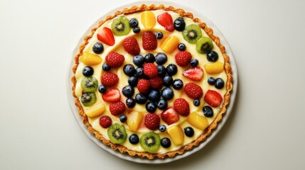 A plate of assorted fresh fruit alongside a freshly baked pie on a white surface