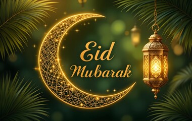 Golden Crescent Moon and Lantern Eid Mubarak Greeting with Green Festive Background and Sparkling Lights
