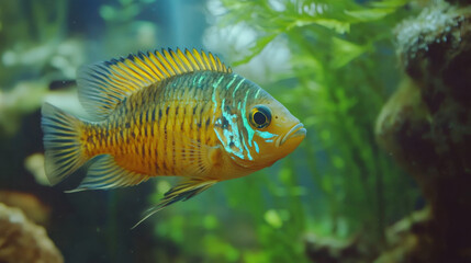 A vibrant freshwater fish glides gracefully in an aquarium surrounded by lush aquatic plants and stones, showcasing its bright colors under soft light