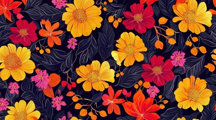 Vibrant Floral Pattern with Colorful Flowers and Green Leaves Design