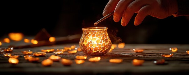 Witness the artistry of sustainable creation A craftsman making new glass objects from melted recycled glass in an eco-friendly workshop, blending tradition with innovation See the artisan's skilled