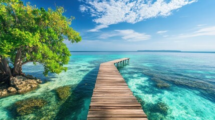 Fototapeta premium Of a Serene island escape with a wooden pier stretching into a shallow crystal-clear lagoon