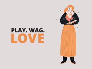 Cartoon vector illustration of a woman embracing her dog, sharing a tender moment of love and affection