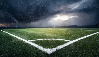 Obraz premium Rain-soaked football pitch under a dramatic, stormy sky, capturing the intensity and cinematic mood of a fierce sports moment—perfect for action-packed sports visuals.
