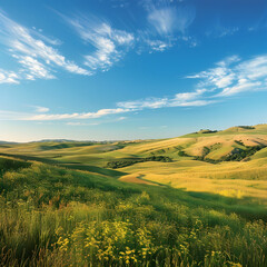 Pristine Upland Landscape with Golden Fields, Rolling Hills, and Clear Blue Sky