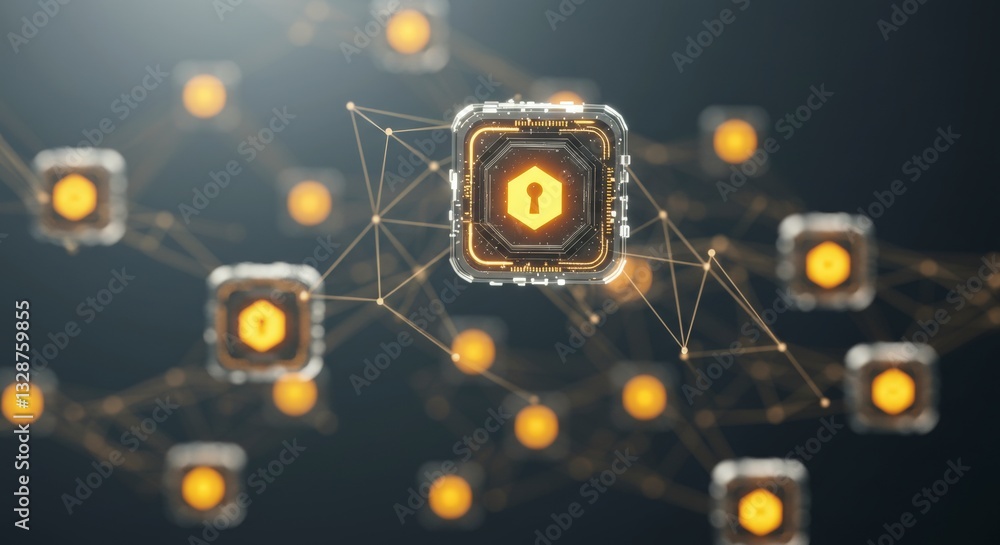 Poster network security concept illustration showing encrypted key connected to many nodes