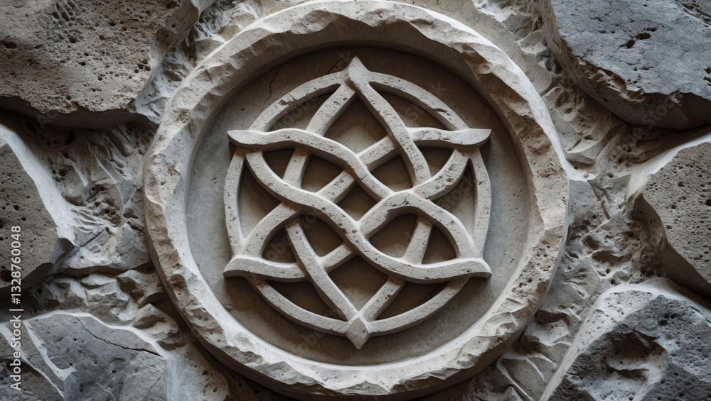Poster intricate stone carving featuring a geometric knot design against a textured surface, creating a sen