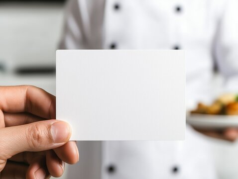 a chef's fingers holding a blank white business card