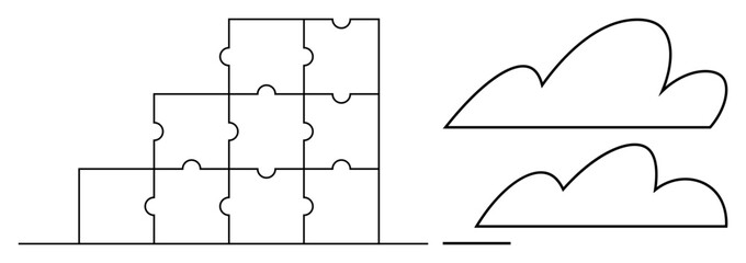 Stacked puzzle blocks forming a pyramid-thumbs up structure paired with outlined cloud shapes. Ideal for strategy, teamwork, growth, creativity, challenges, problem-solving, innovation. Flat simple