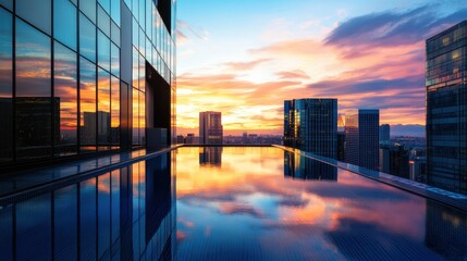 Fototapeta premium Of a Stunning rooftop pool at a high-end city hotel, with glass edges reflecting the sunset skyline