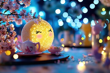 Step into a celestial dream with this enchanting image of A whimsical tea party taking place on a floating moon, surrounded by orbiting stars Discover the magic of lunar gatherings as steaming