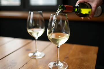 Two wine glasses with white wine being poured, embodying elegance and simplicity in a timeless moment.