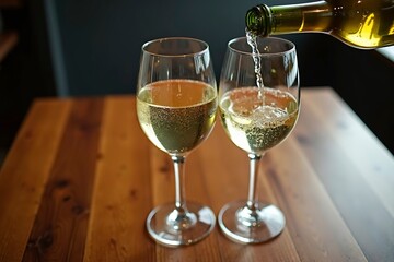 Two wine glasses with white wine being poured, embodying elegance and simplicity in a timeless moment.