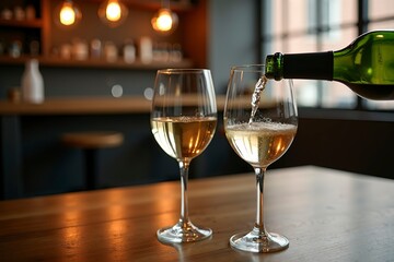 Two wine glasses with white wine being poured, embodying elegance and simplicity in a timeless moment.