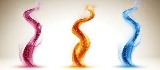 Three abstract and colorful swirling smoke trails of different colors