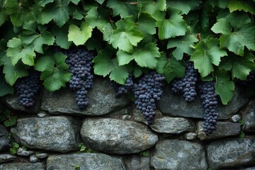 Ripe Grapes Hanging from Vines Against a Weathered Stone Wall, Offering a Glimpse into the Rustic Beauty of Nature's Bounty and Agricultural Heritage