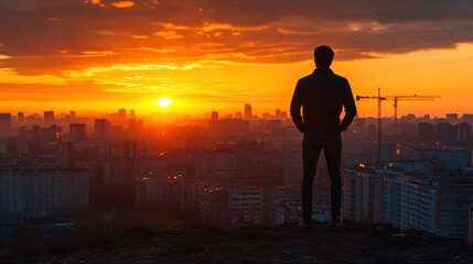 Fototapeta premium Man contemplates sunrise over cityscape.