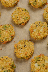 A top-down shot of baked soy patties arranged on parchment paper, showcasing their golden-brown color and textured surface