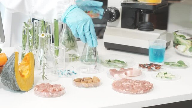 Middle-aged female laboratory worker wearing blue gloves conducts lab test on food ingredients lettuce, cucumber, pork. Using microscope, she analyzes nutrients, preservatives, food safety records.