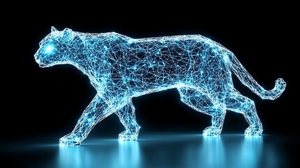 Fototapeta premium Glowing Blue Digital Panther on Reflective Surface