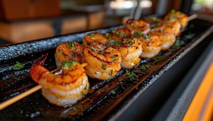 Savor the Flavor Grilled Shrimp Skewers infused with exotic herbs and citrus zest, grilled to perfection, with smoke rising in the background A delightful culinary experience awaits These succulent