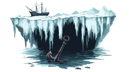 A digital illustration depicting a dark, cavernous iceberg with icicles hanging from its edges. A small, dark-colored sailing ship is visible on the ice surface, appearing stranded or wrecked. A